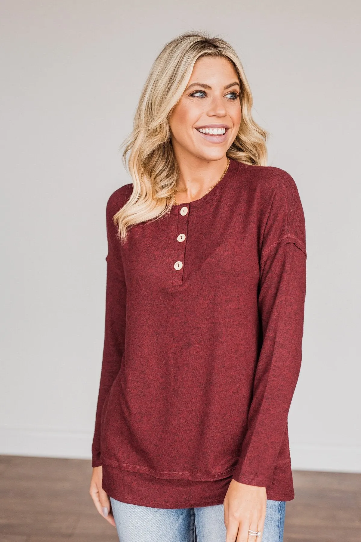 Soft Gazes Button Long Sleeve Top- Burgundy