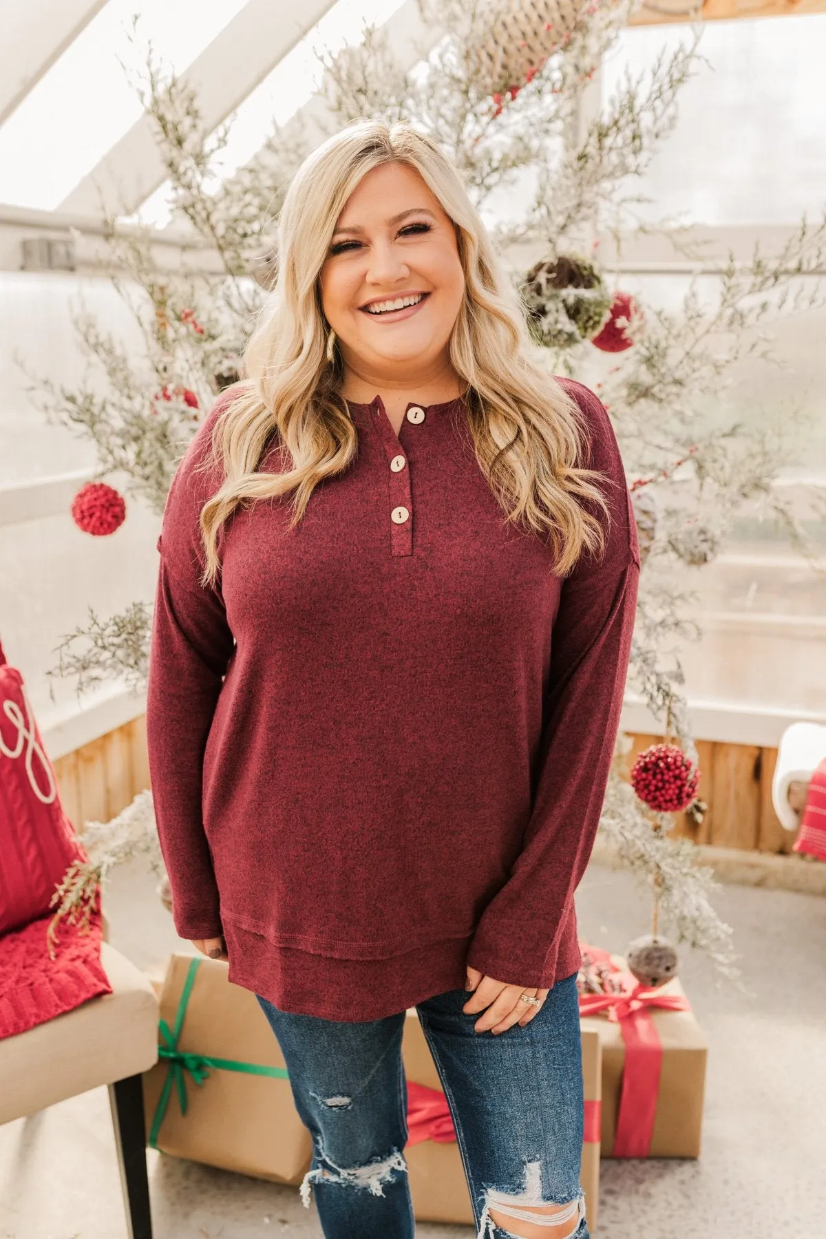 Soft Gazes Button Long Sleeve Top- Burgundy