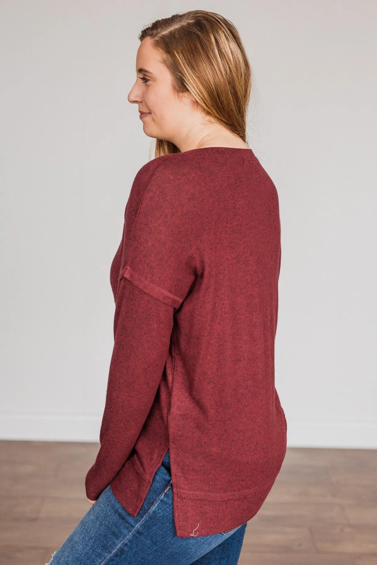 Soft Gazes Button Long Sleeve Top- Burgundy