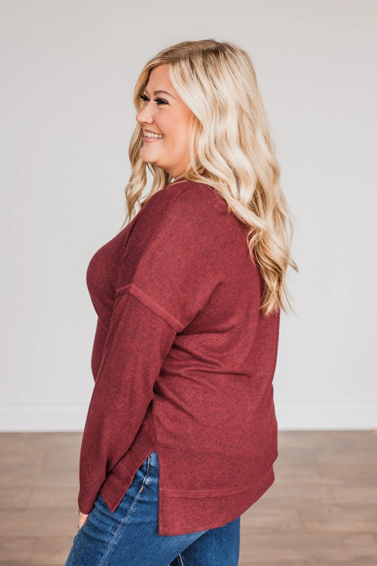 Soft Gazes Button Long Sleeve Top- Burgundy