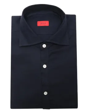 Solid Navy Blue Cotton Blend Textured Sportshirt