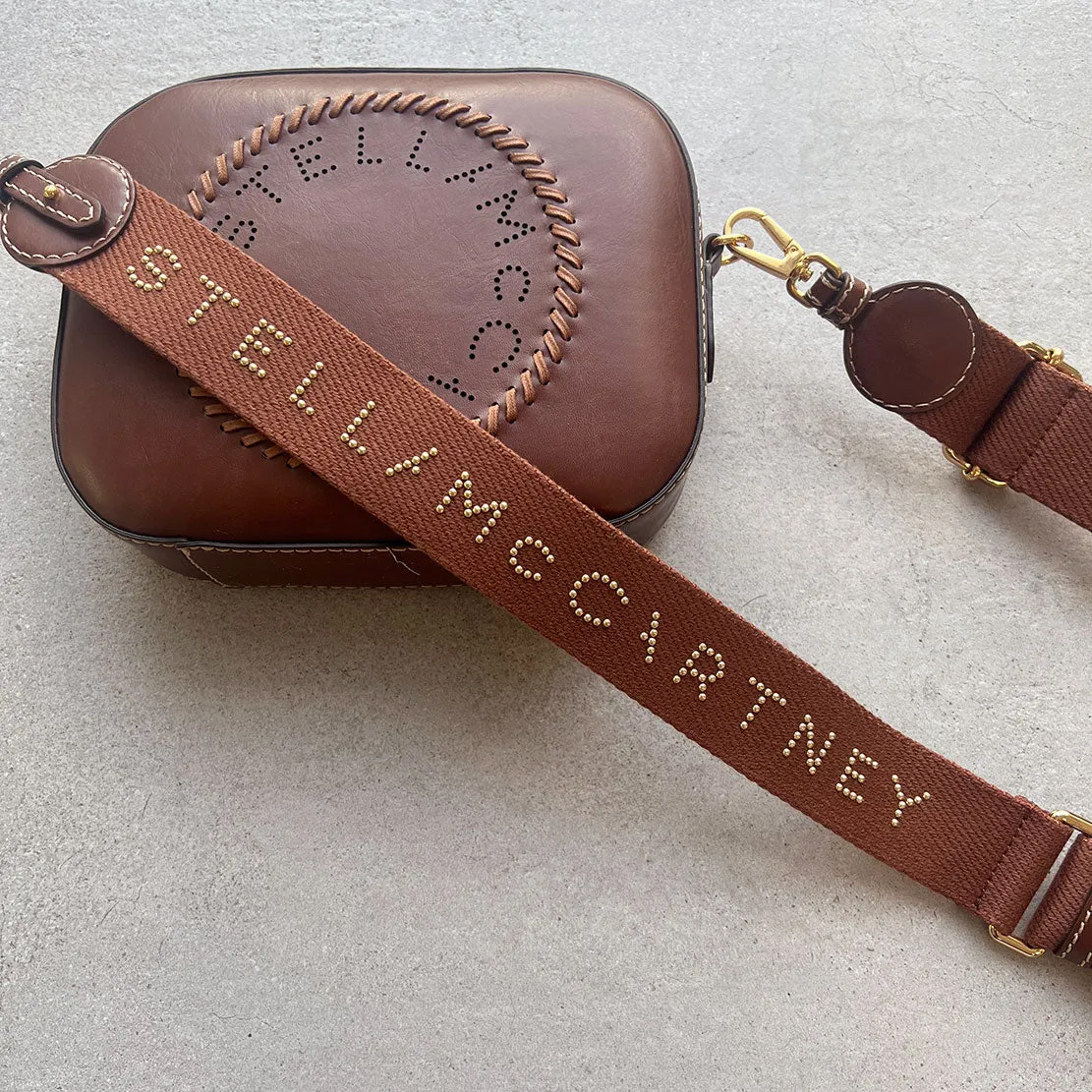 Stella Logo Camera Whip/Stud Strap, Cognac