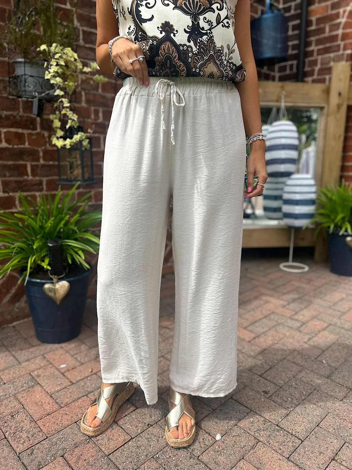 Stone Lightweight Wide Leg Pull On Trousers