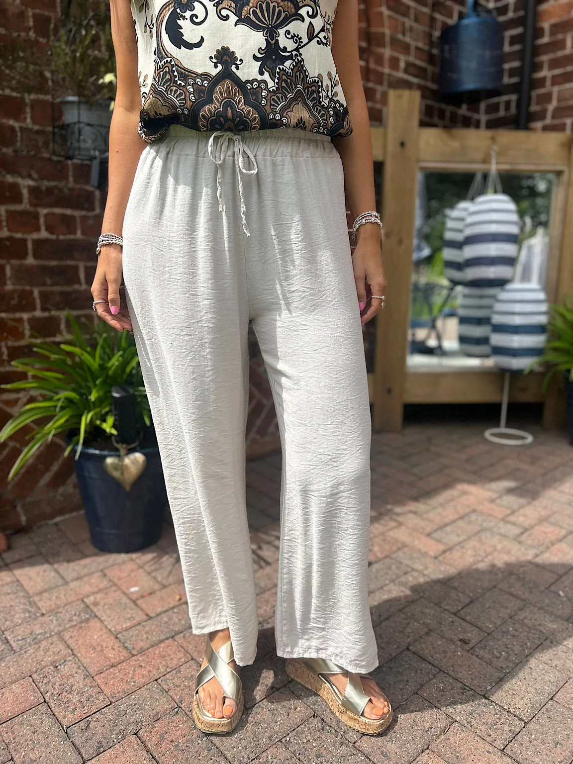 Stone Lightweight Wide Leg Pull On Trousers