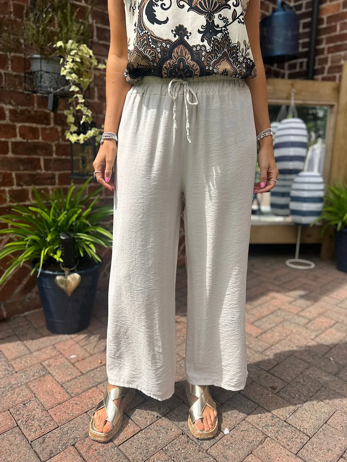 Stone Lightweight Wide Leg Pull On Trousers