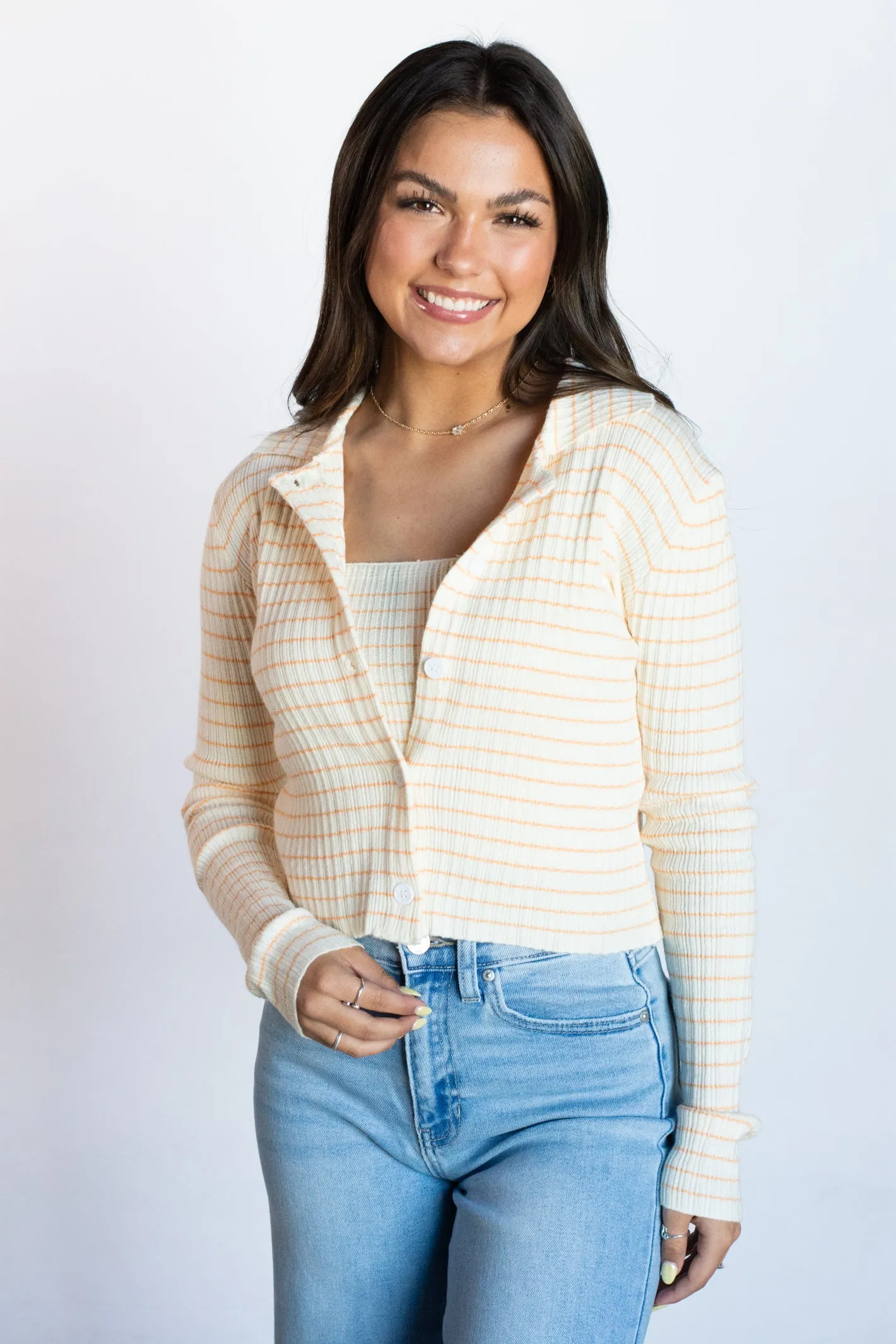 Stylish Appeal Orange Striped Tube Top and Cardigan