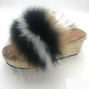 Summer Real Fox Fur Wedges High Heel House Slippers for Women