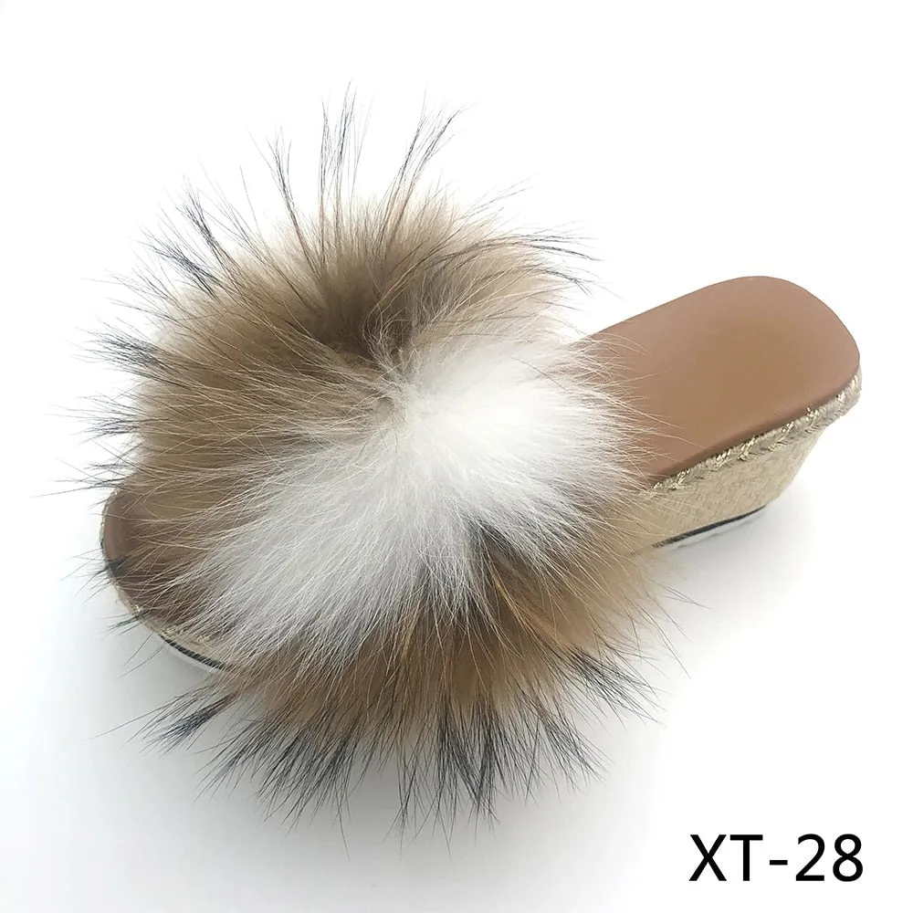 Summer Real Fox Fur Wedges High Heel Indoor House Slippers for Women