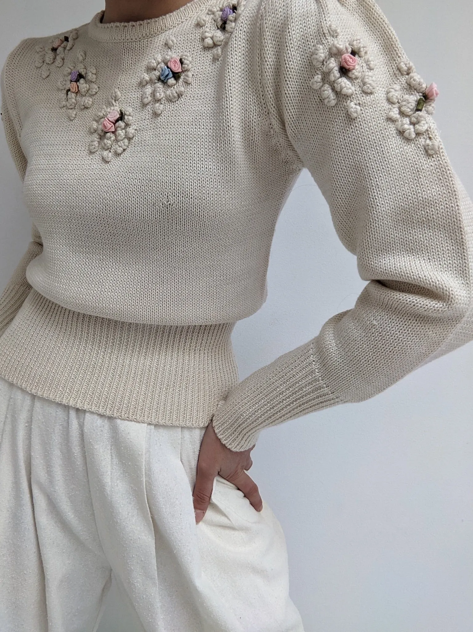 Sweet Vintage Rosette Accented Sweater