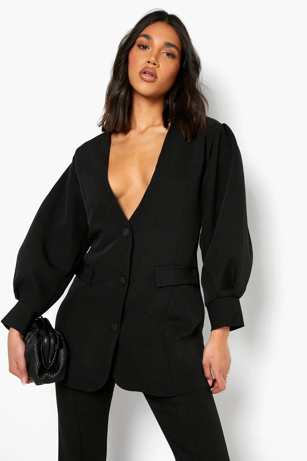 Tailored Volume Sleeve Collarless Blazer