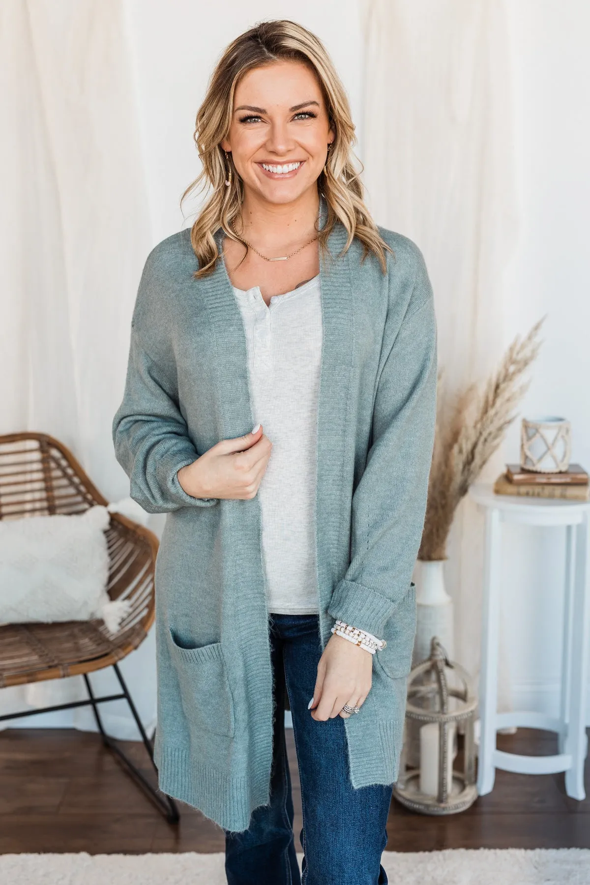 Talk Of The Town Long Knit Cardigan- Teal