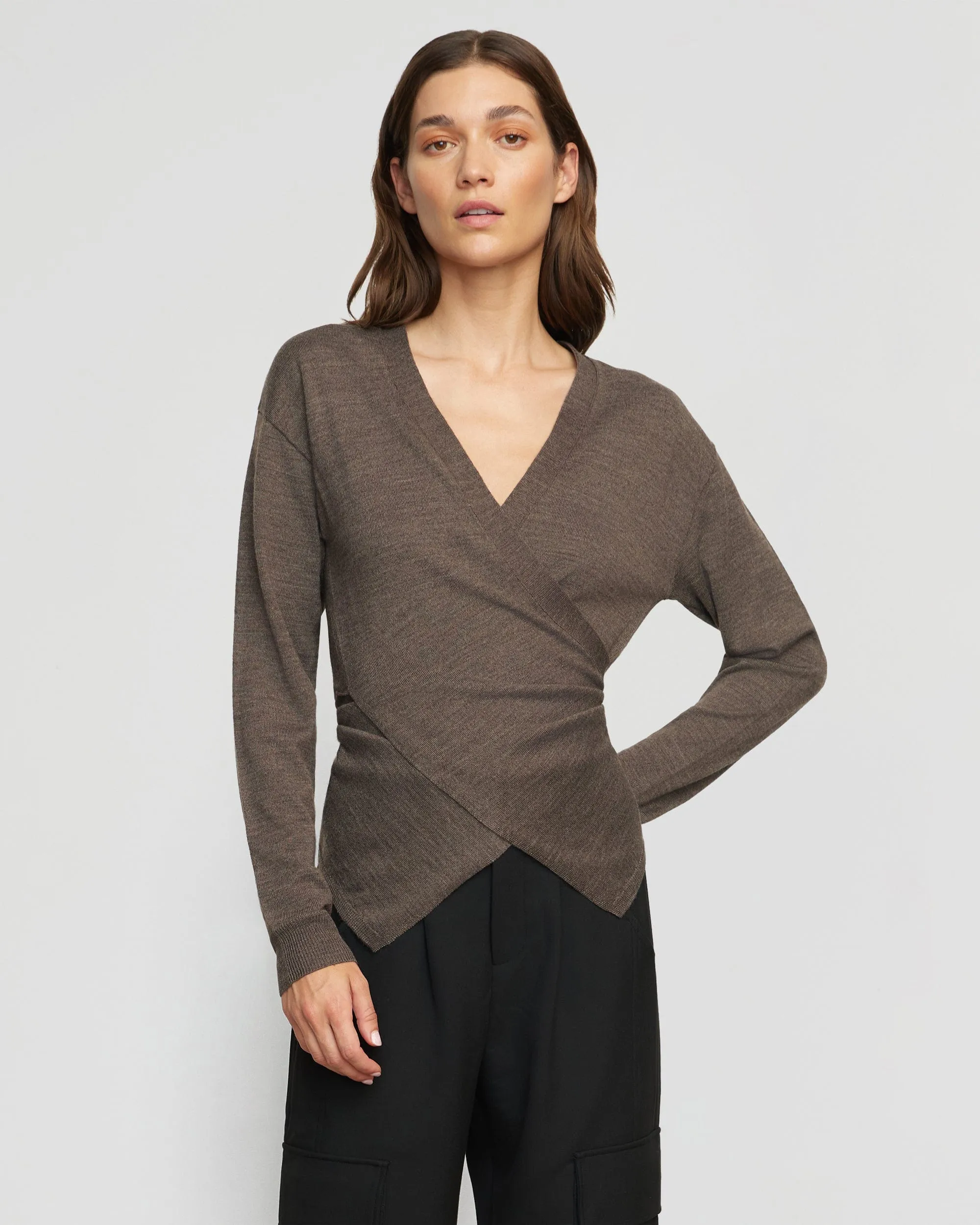 Tamar Wrap Knit Sweater | Heather Brown