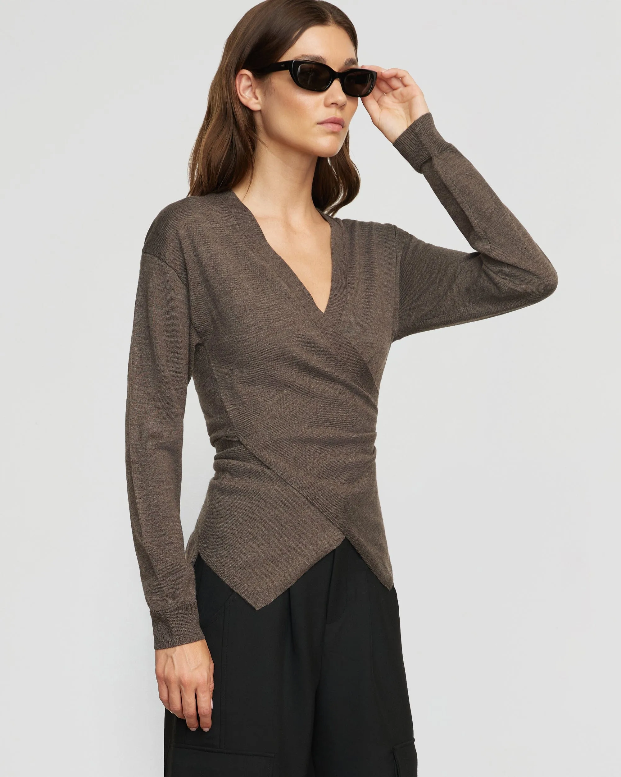 Tamar Wrap Knit Sweater | Heather Brown