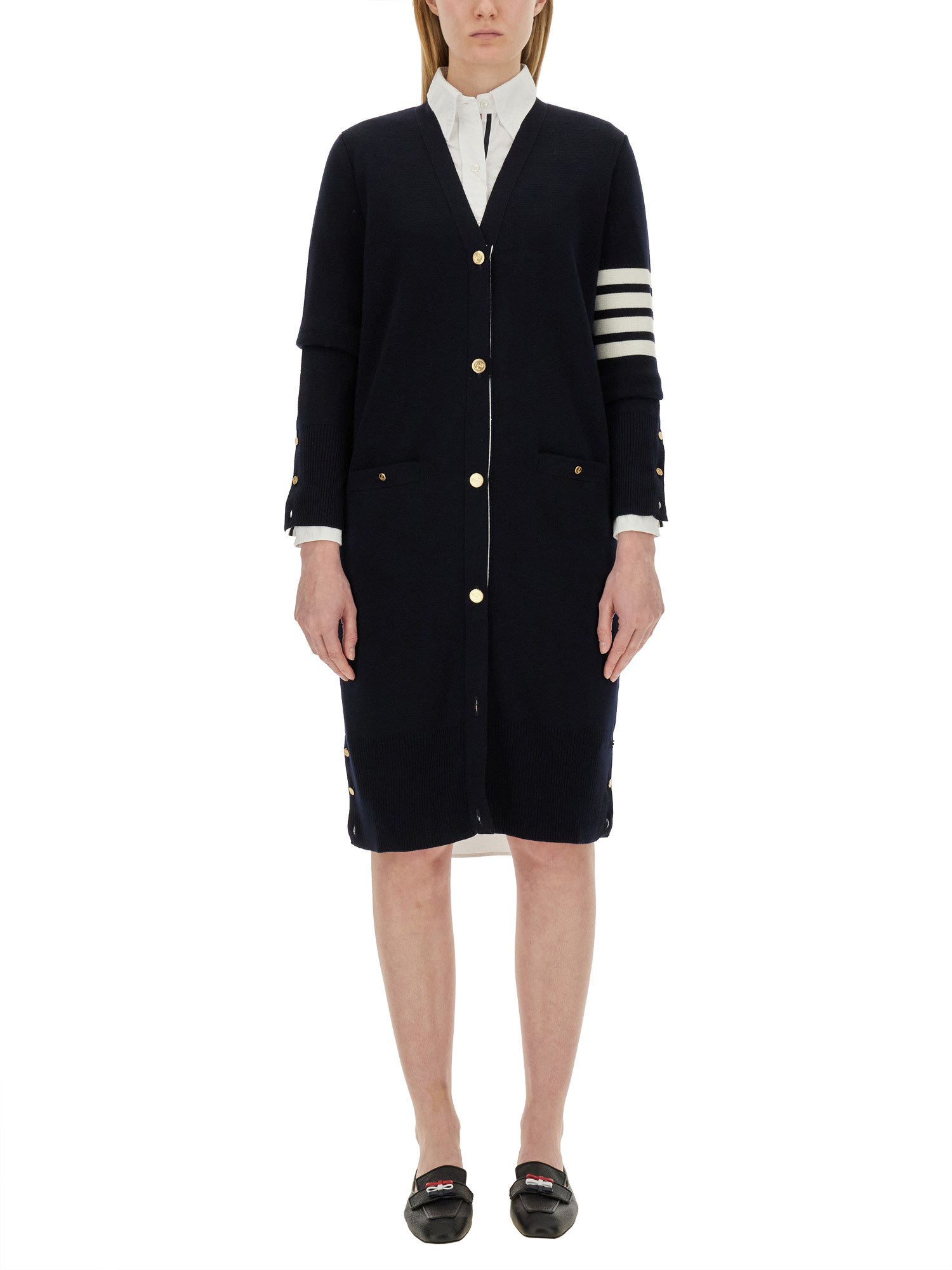 THOM BROWNE    4BAR LONG WOOL V-NECK CARDIGAN