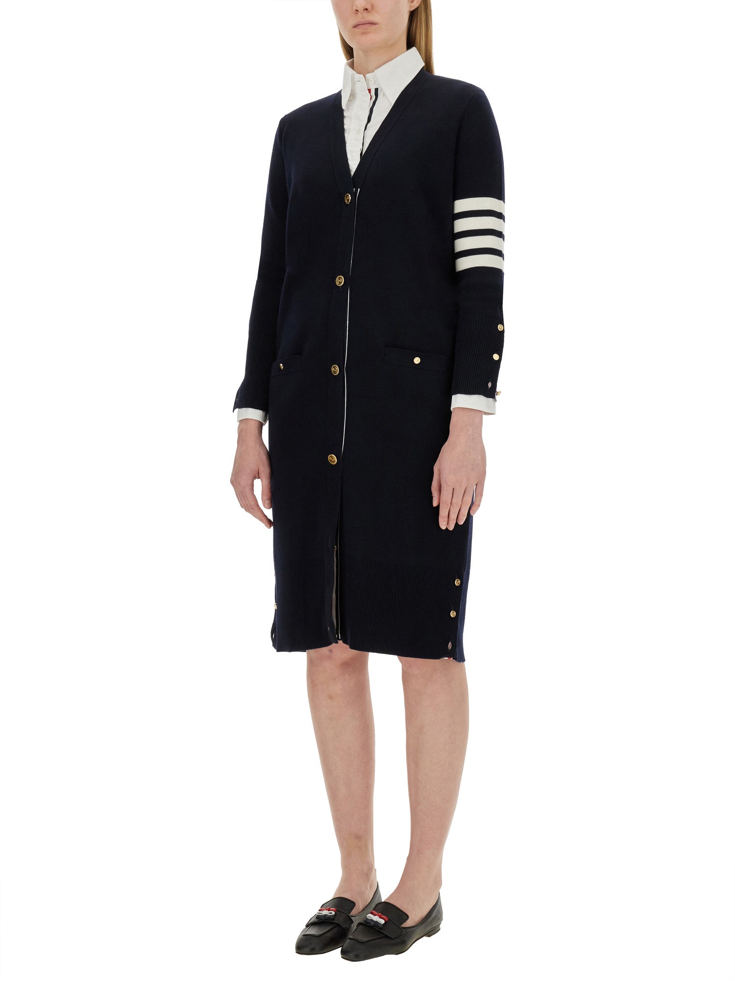 THOM BROWNE    4BAR LONG WOOL V-NECK CARDIGAN