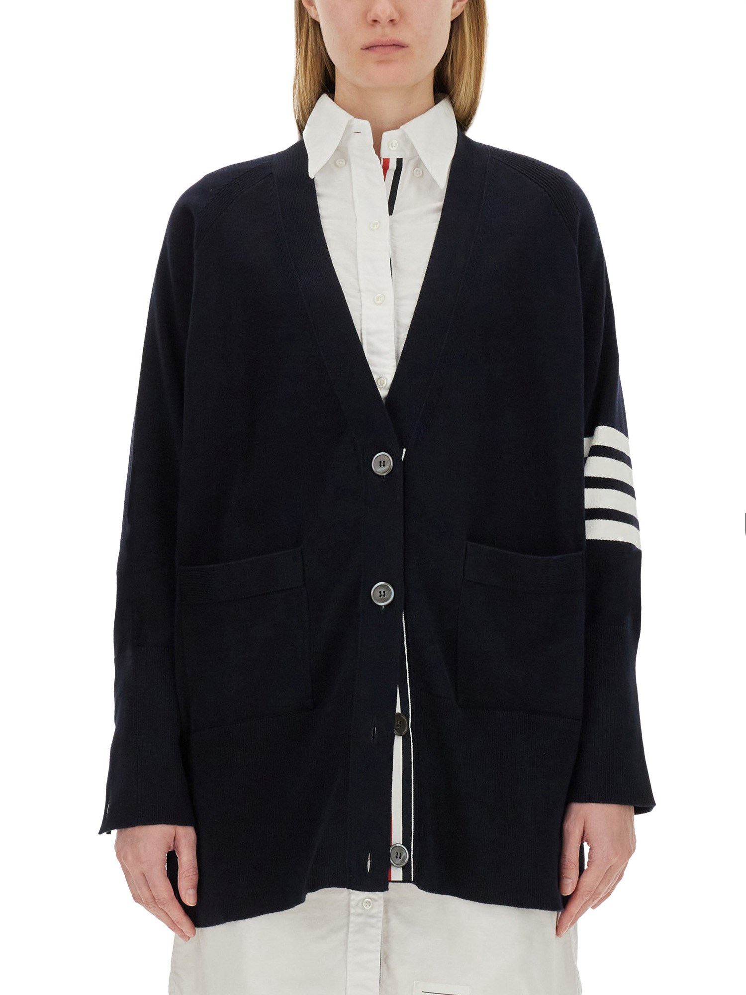 THOM BROWNE    COTTON KNIT CARDIGAN WITH 4BAR INTARSIA