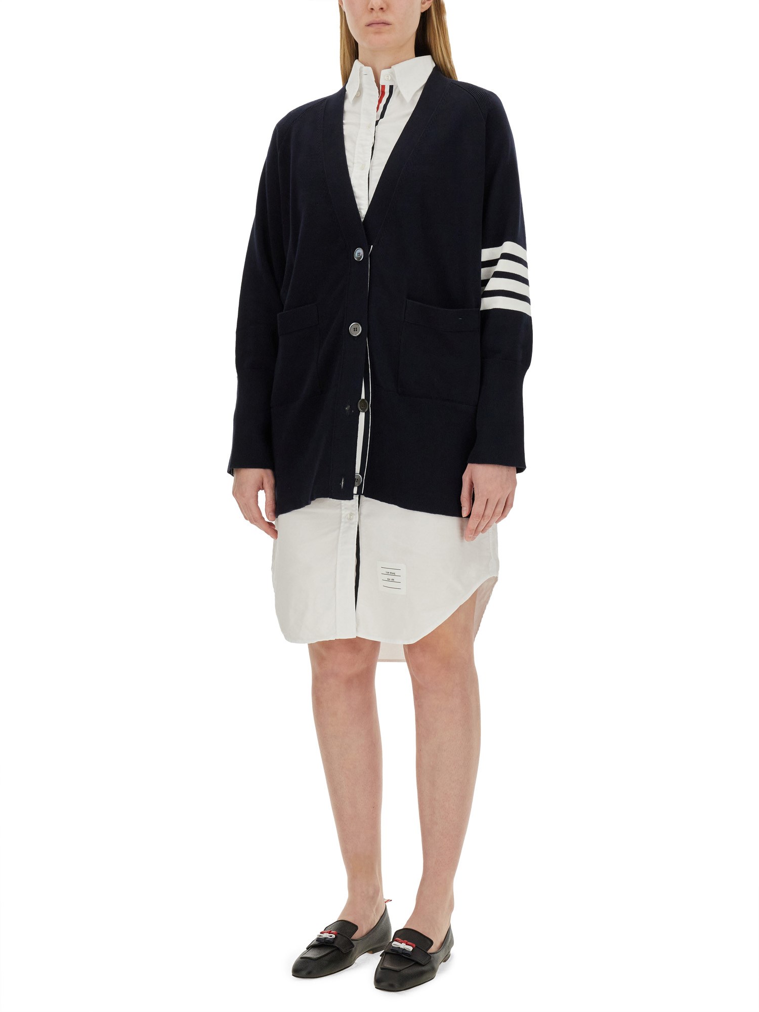 THOM BROWNE    COTTON KNIT CARDIGAN WITH 4BAR INTARSIA