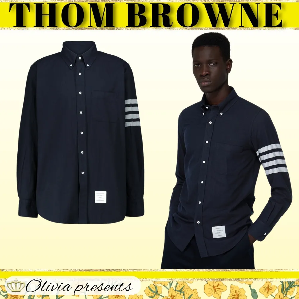 THOM BROWNE  |Stripes Long Sleeves Plain Cotton Logo Designers Shirts