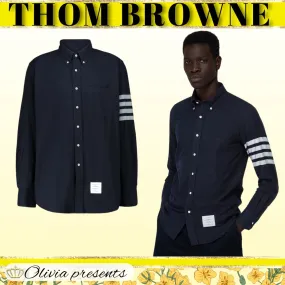 THOM BROWNE  |Stripes Long Sleeves Plain Cotton Logo Designers Shirts