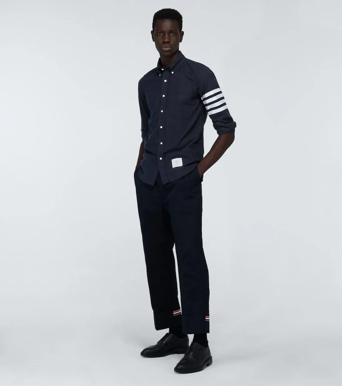 THOM BROWNE  |Stripes Long Sleeves Plain Cotton Logo Designers Shirts