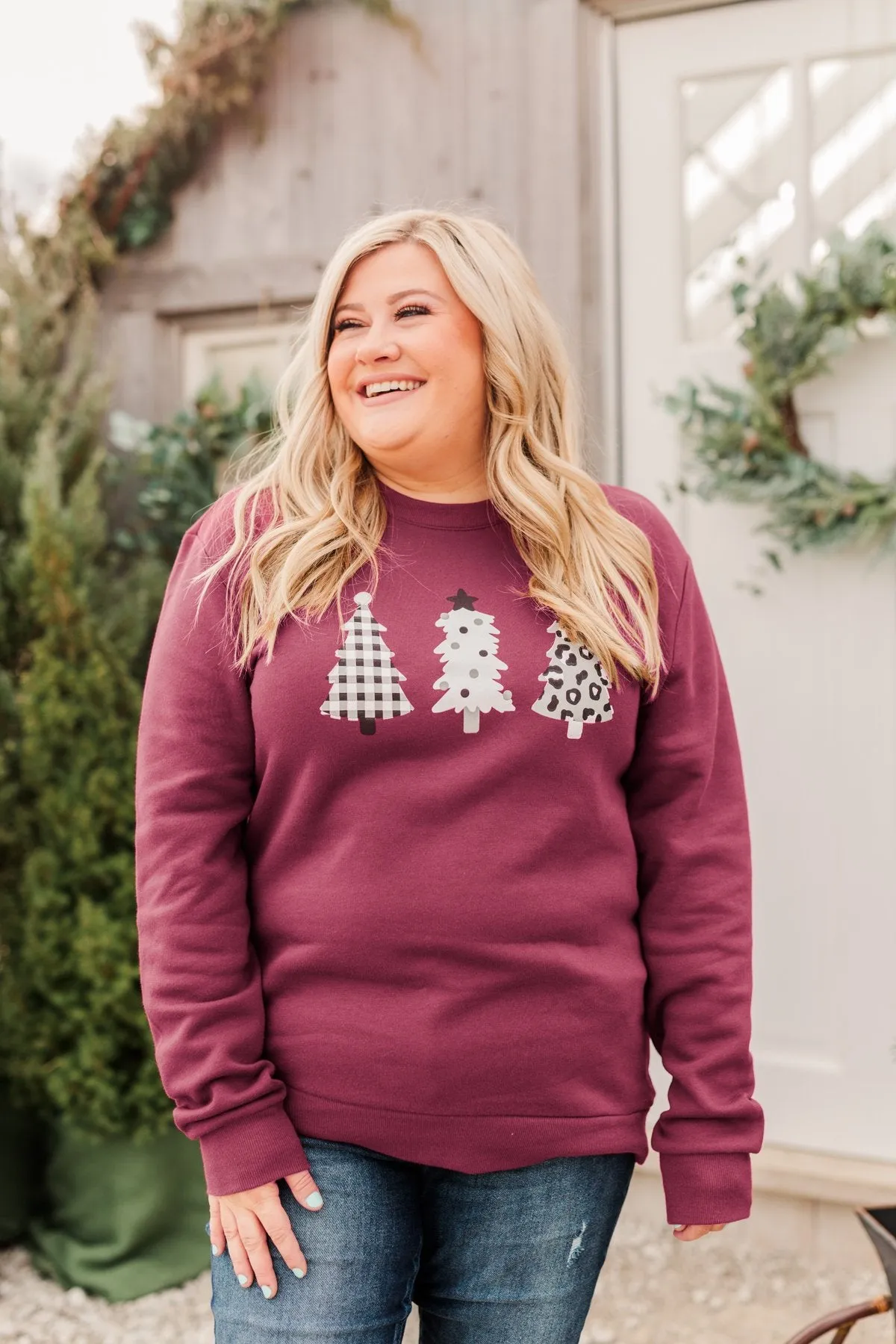 Three Christmas Trees Pullover Top- Burgundy