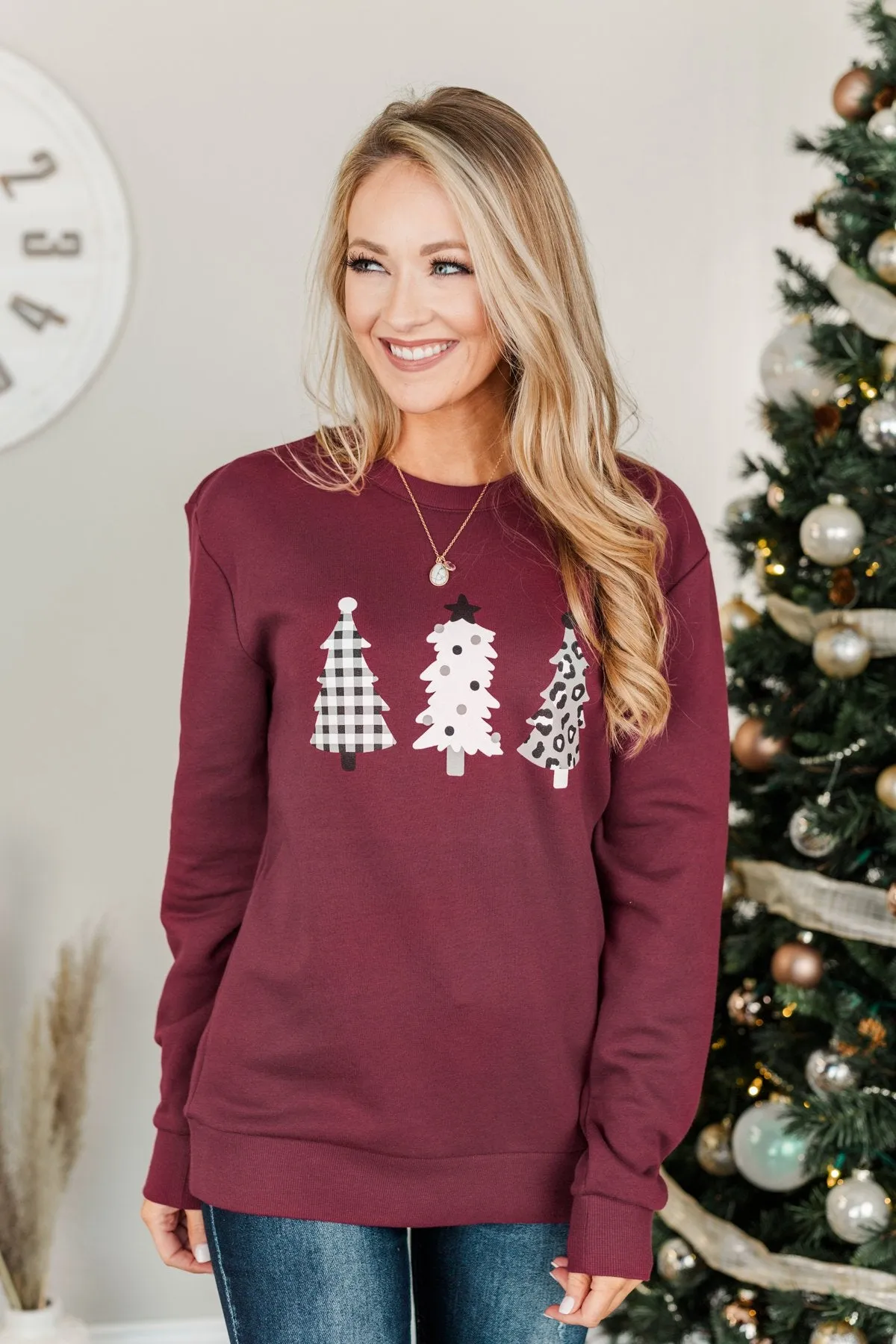 Three Christmas Trees Pullover Top- Burgundy