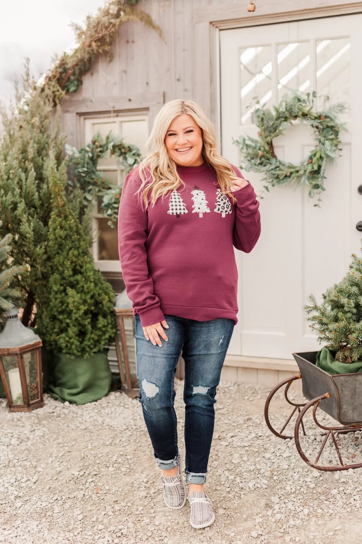 Three Christmas Trees Pullover Top- Burgundy