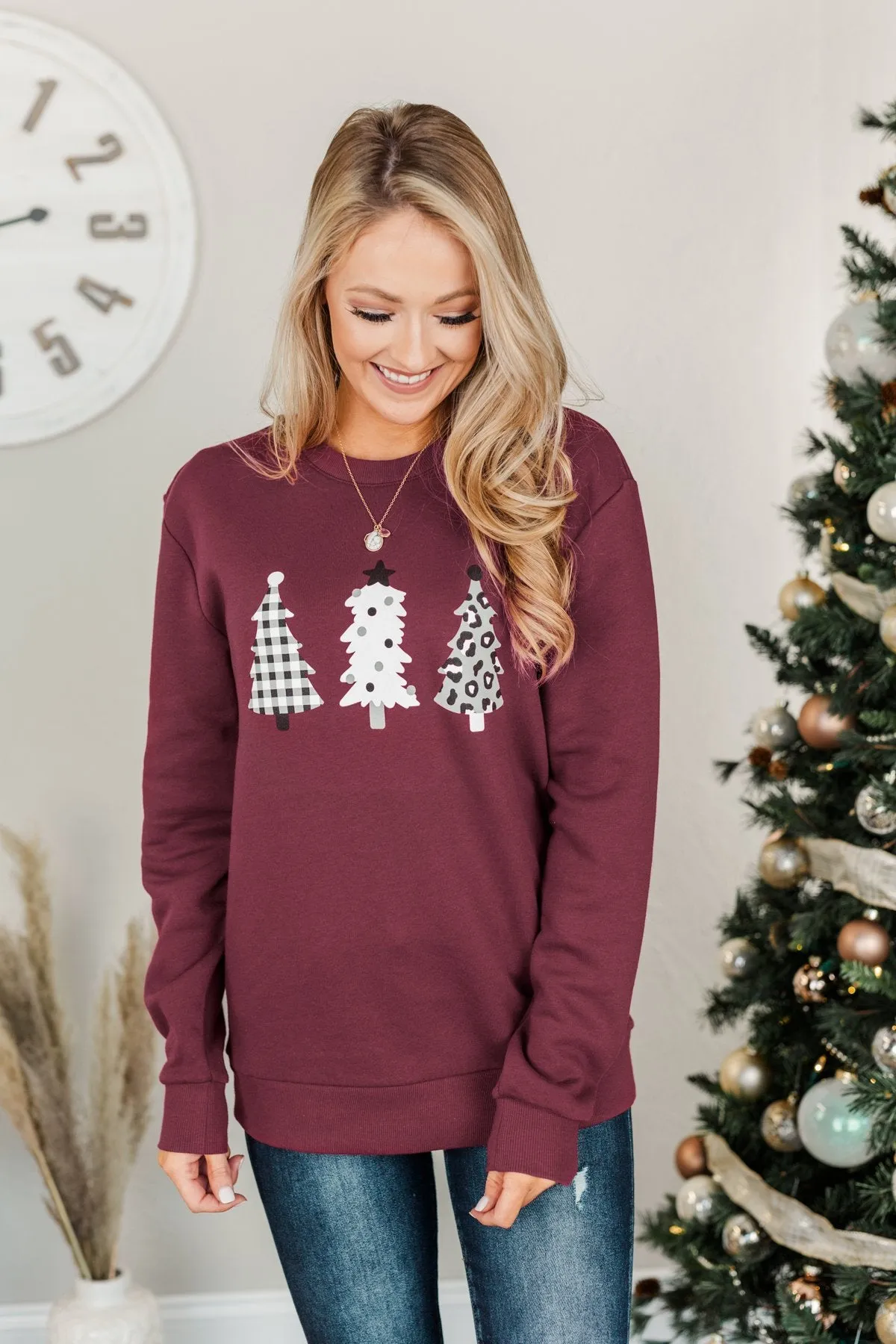 Three Christmas Trees Pullover Top- Burgundy