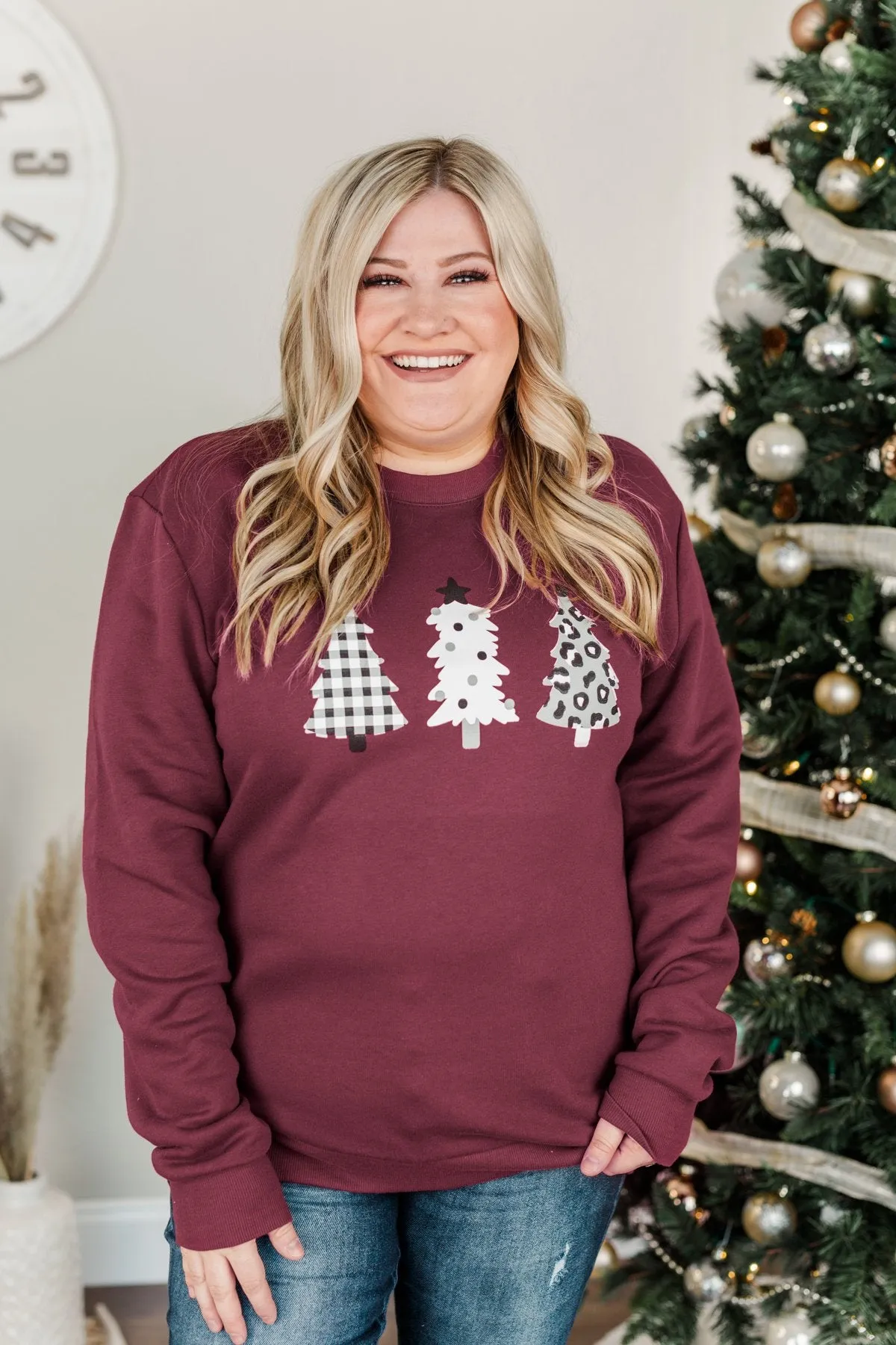 Three Christmas Trees Pullover Top- Burgundy