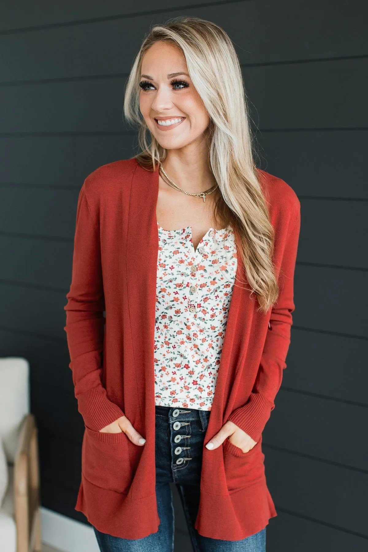 Time To Be Alive Drape Cardigan- Dark Rust