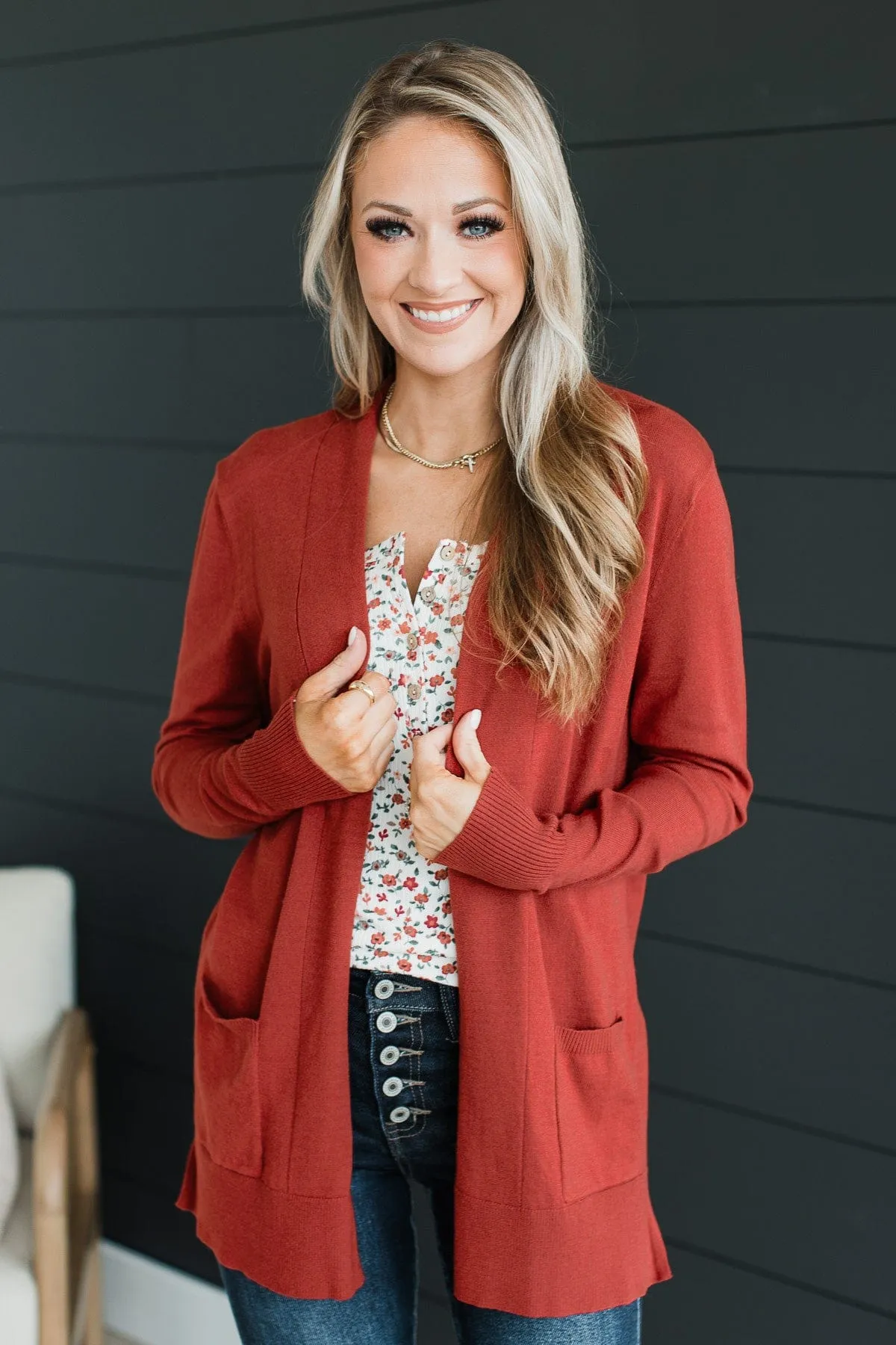 Time To Be Alive Drape Cardigan- Dark Rust