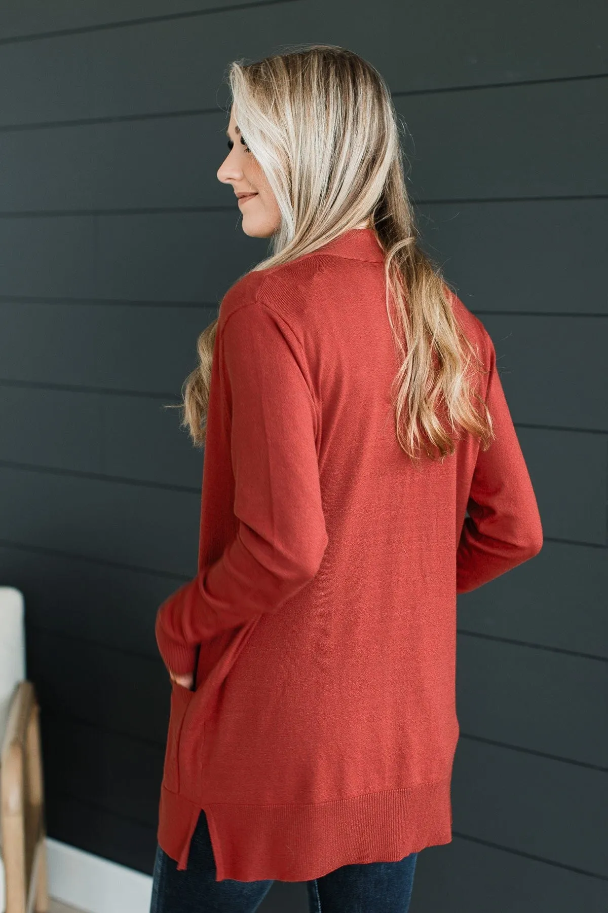 Time To Be Alive Drape Cardigan- Dark Rust