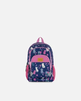 Toddler Backpack Navy Blue Printed Kitten