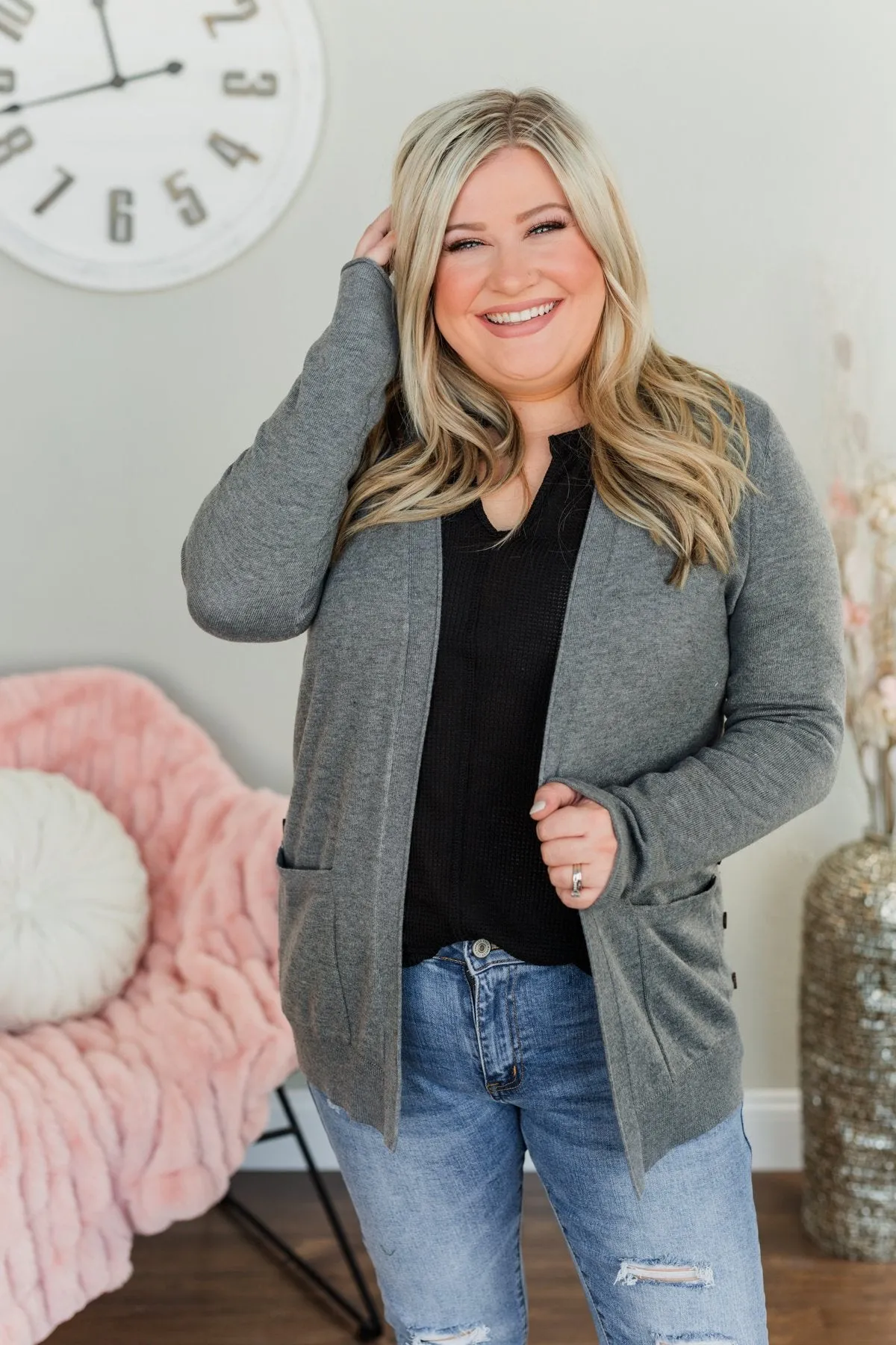 True To My Heart Open Front Cardigan- Charcoal