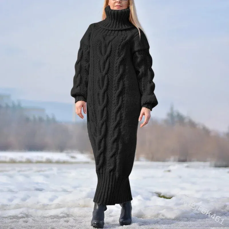 Turtleneck Pullover Twisted Loose Knitted Sweater Long Dress Sweater for Women