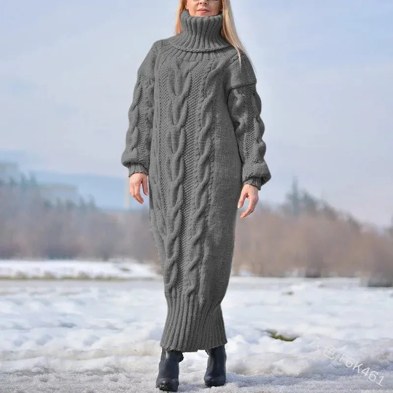 Turtleneck Pullover Twisted Loose Knitted Sweater Long Dress Sweater for Women