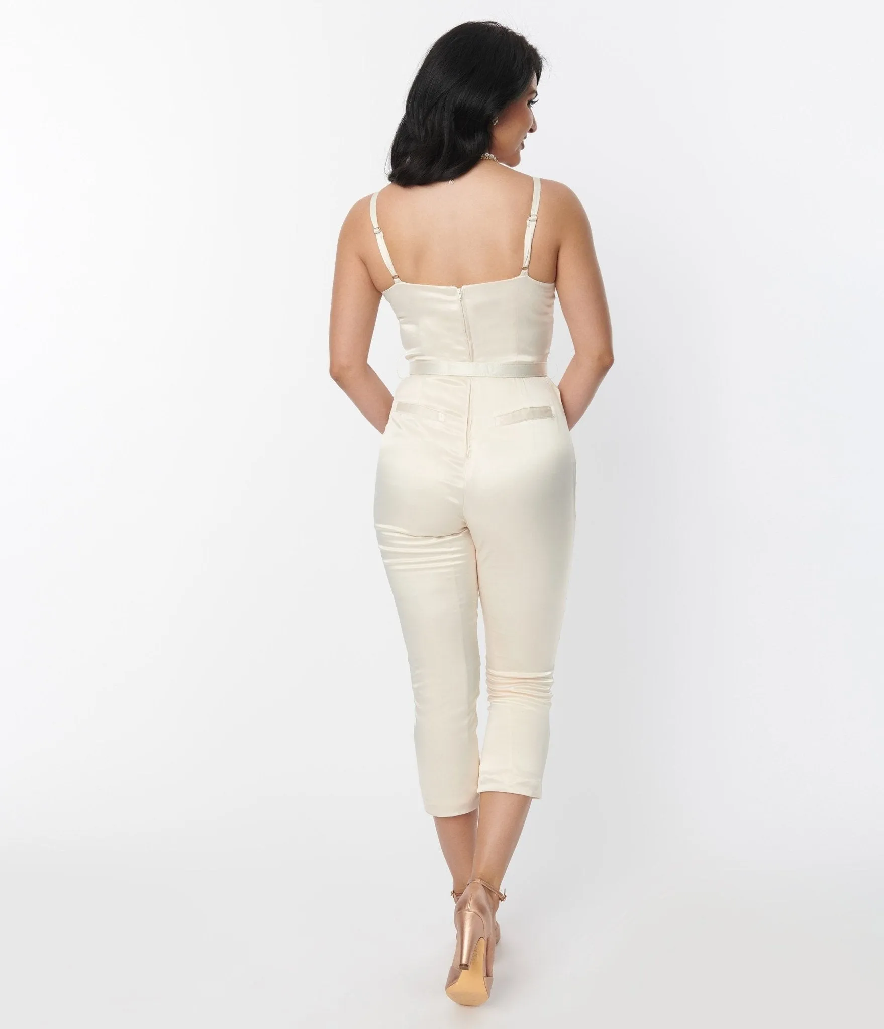 Unique Vintage 1970s Cream Satin Bridal Marcel Jumpsuit