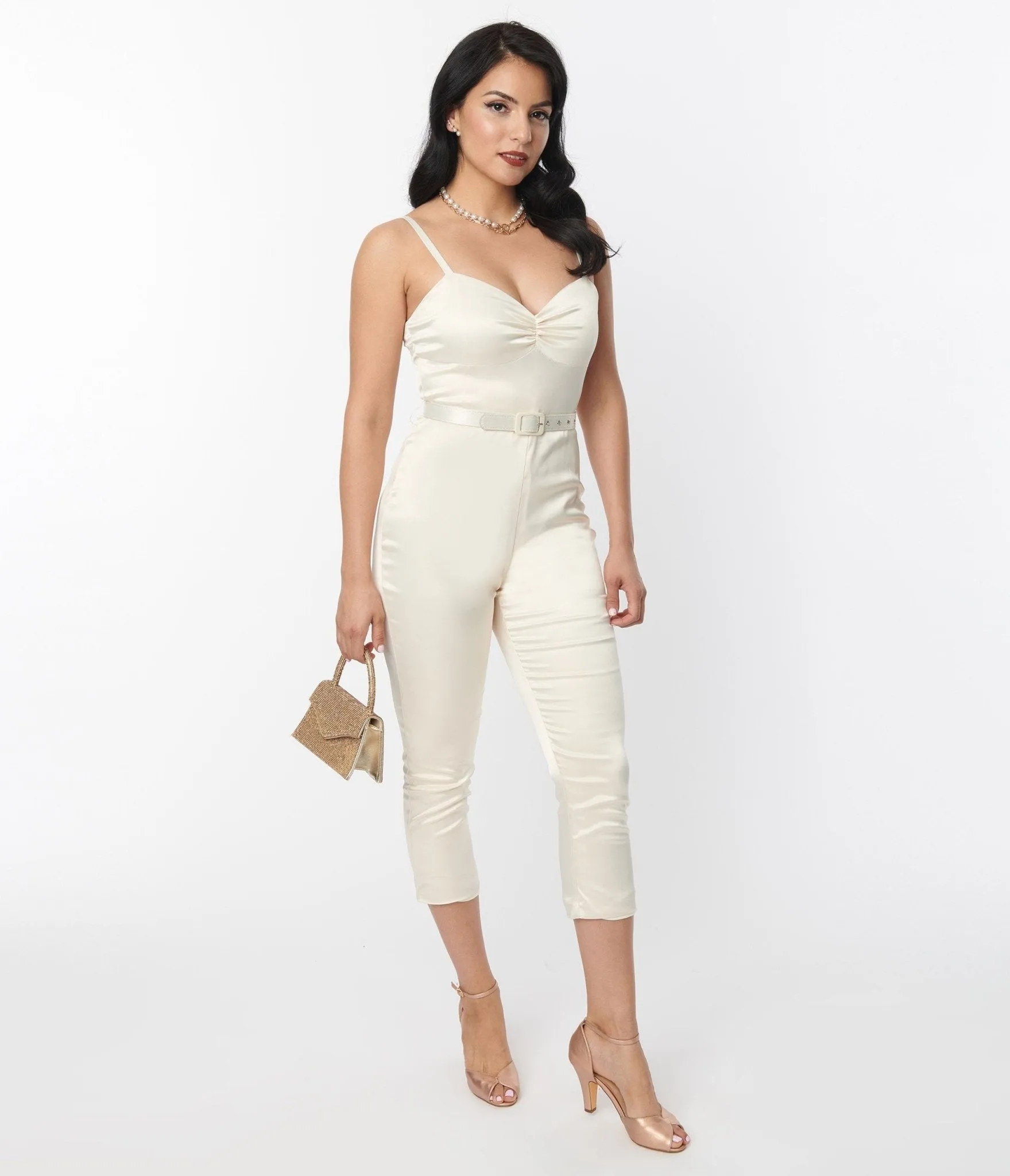 Unique Vintage 1970s Cream Satin Bridal Marcel Jumpsuit