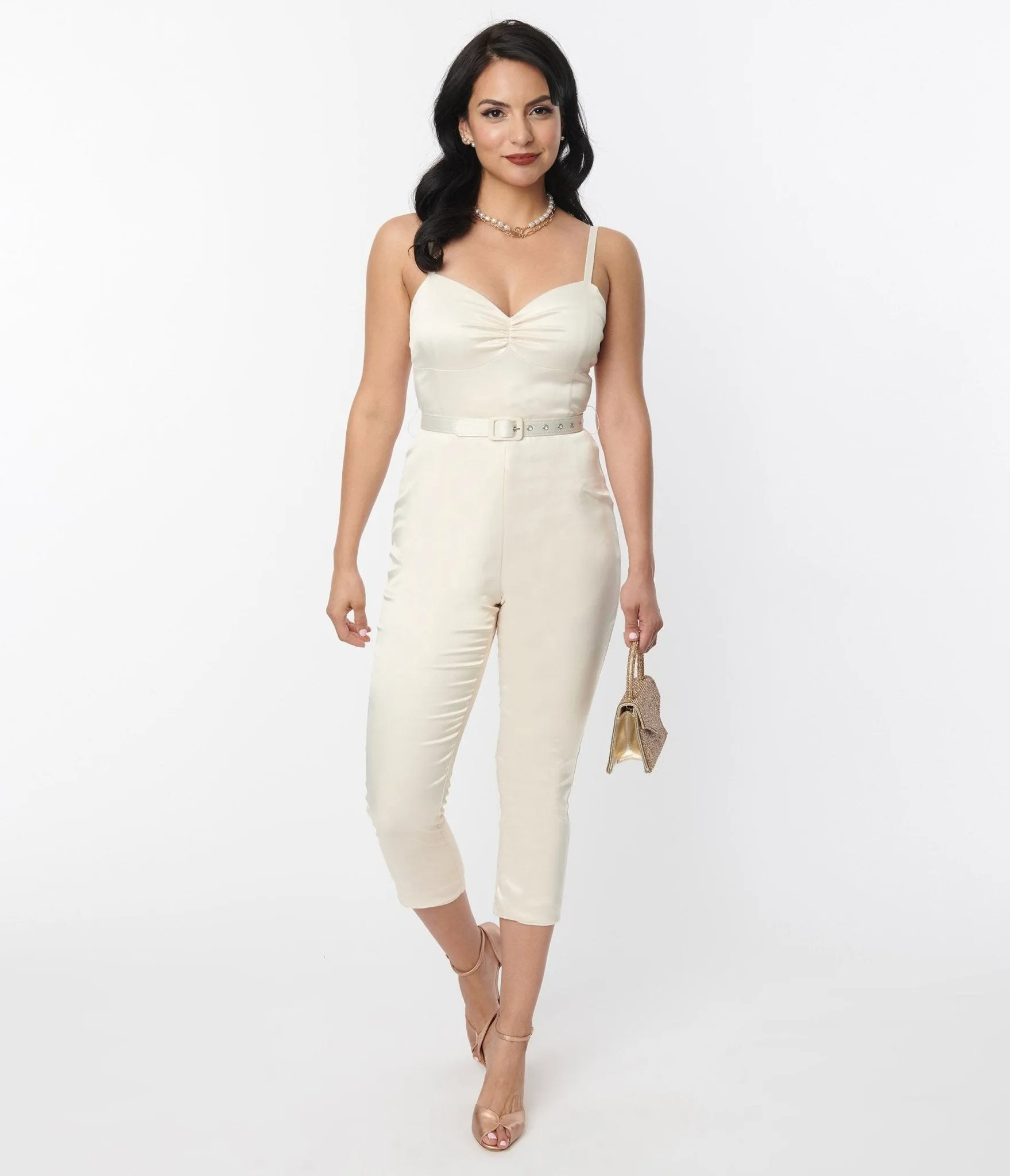 Unique Vintage 1970s Cream Satin Bridal Marcel Jumpsuit