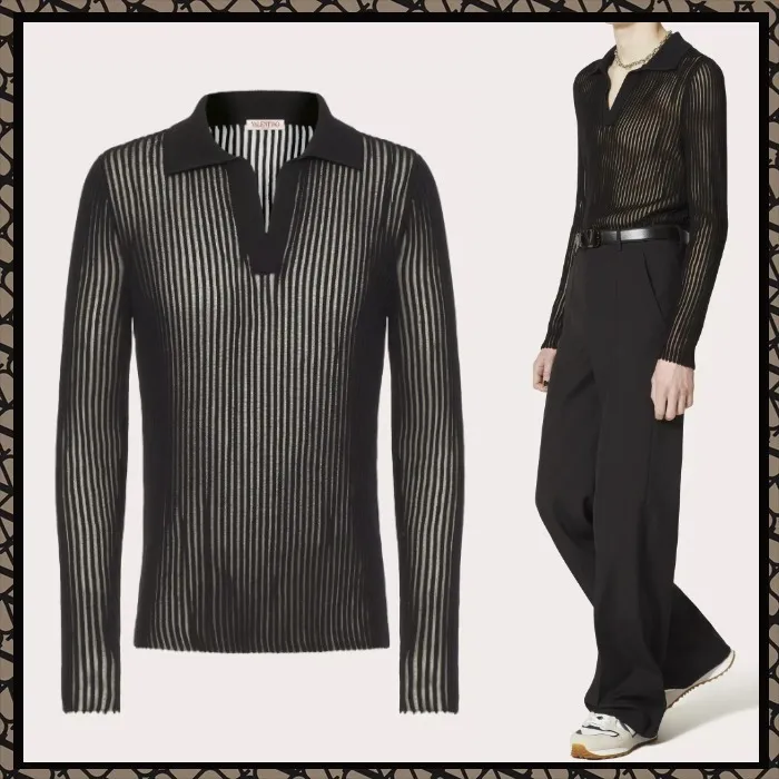 VALENTINO  |Stripes Long Sleeves Cotton Sheer Luxury Polos