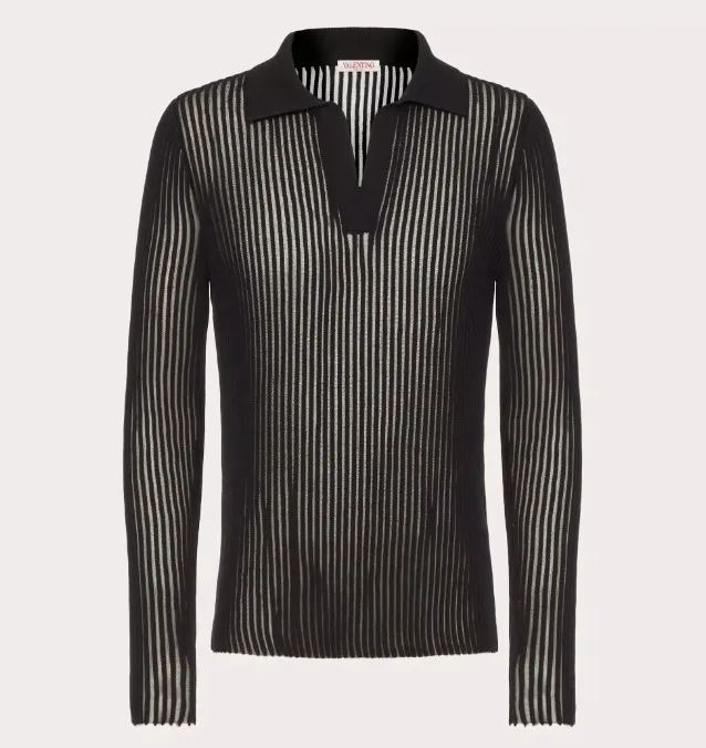 VALENTINO  |Stripes Long Sleeves Cotton Sheer Luxury Polos