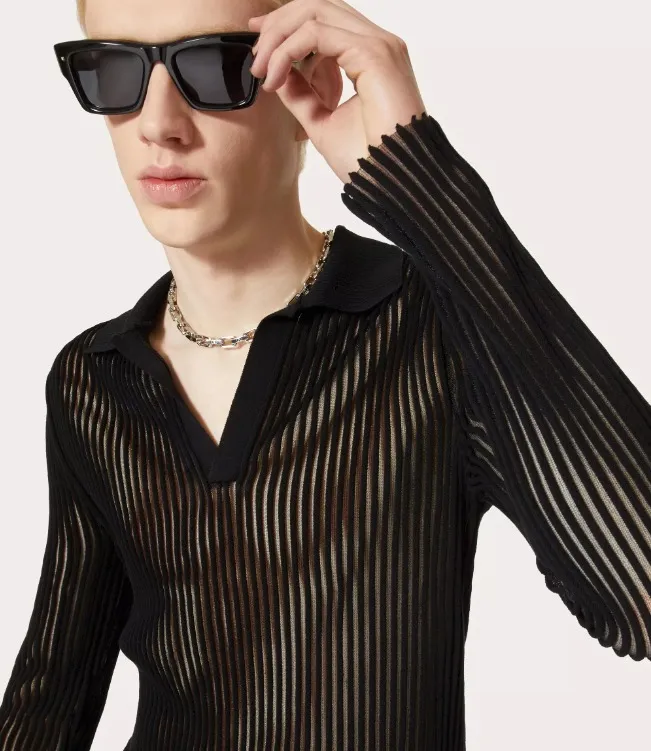 VALENTINO  |Stripes Long Sleeves Cotton Sheer Luxury Polos