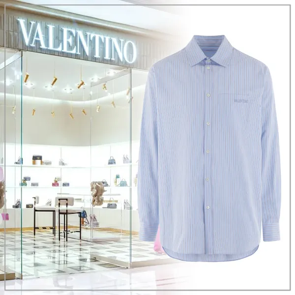 VALENTINO  |Stripes Long Sleeves Logo Luxury Shirts