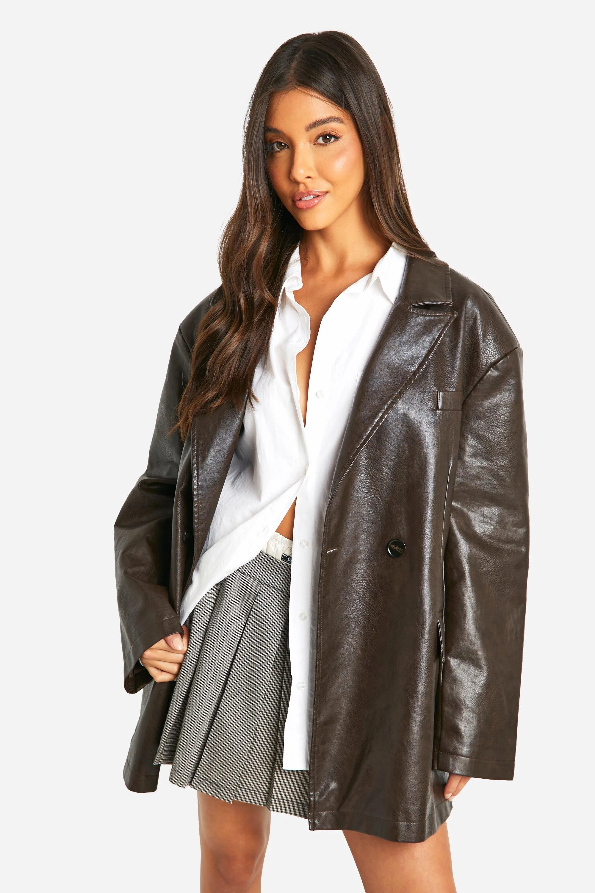 Vintage Look Faux Leather Super Oversized Blazer