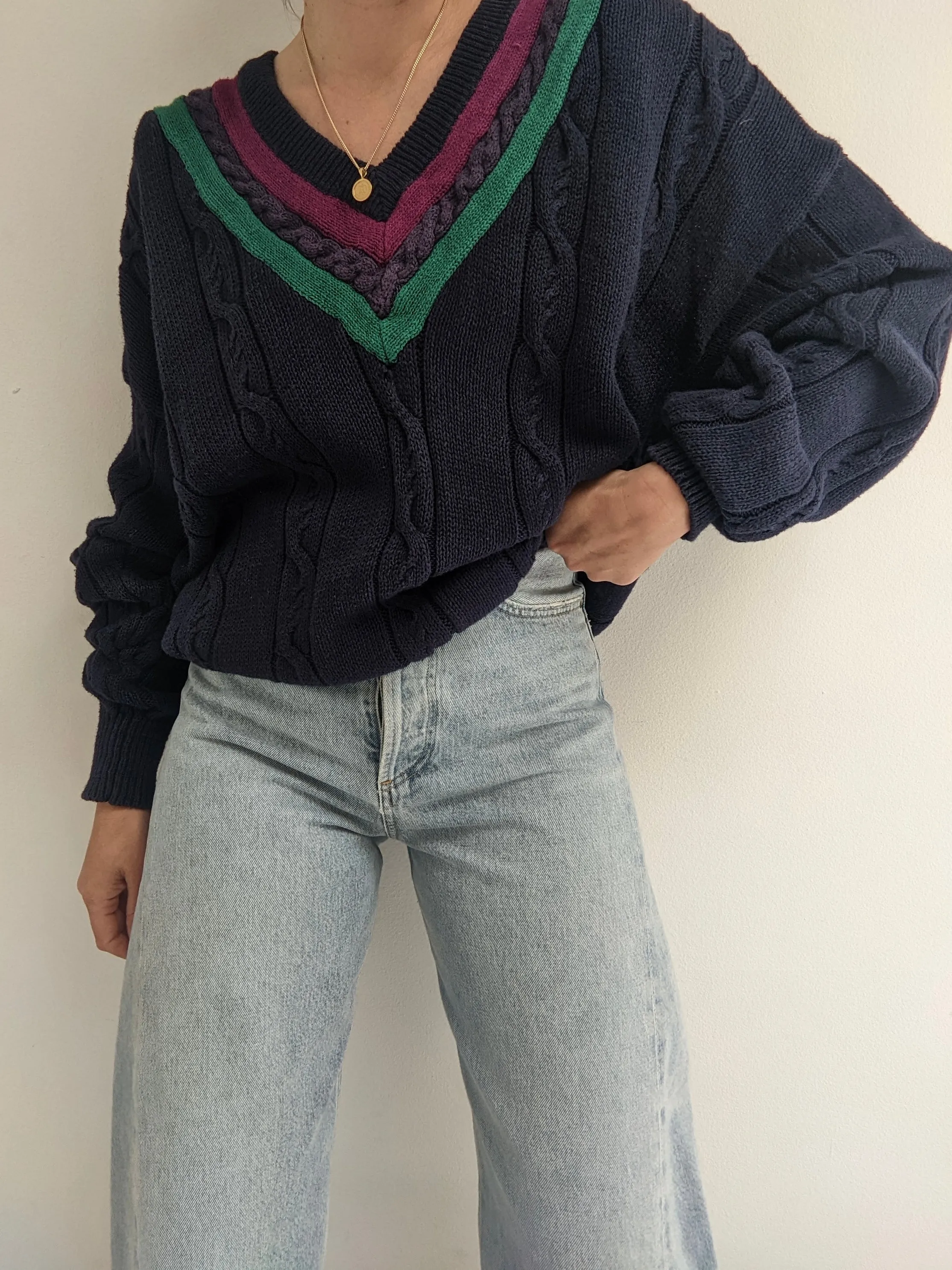 Vintage Navy Collegiate Knit Sweater