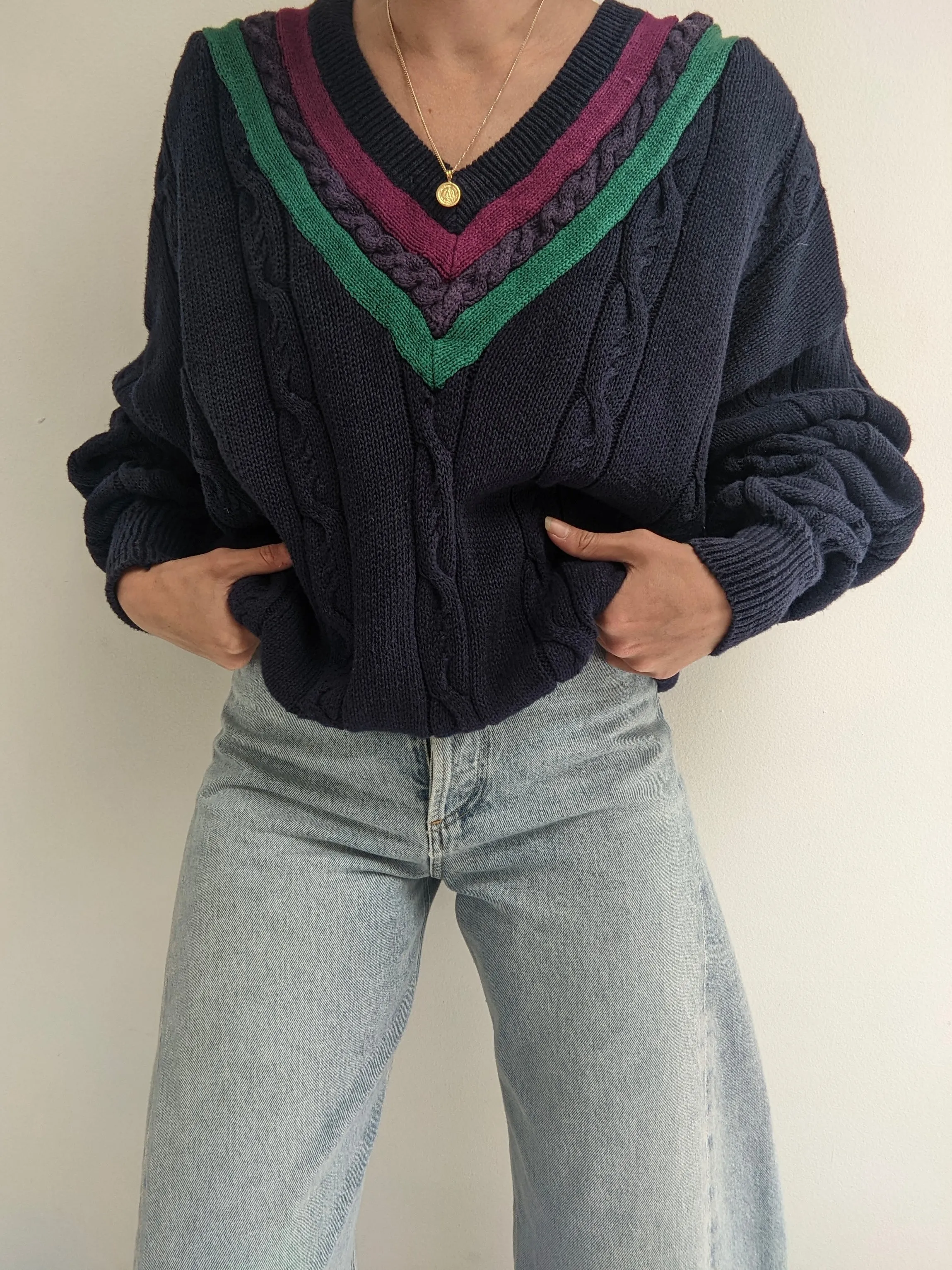 Vintage Navy Collegiate Knit Sweater