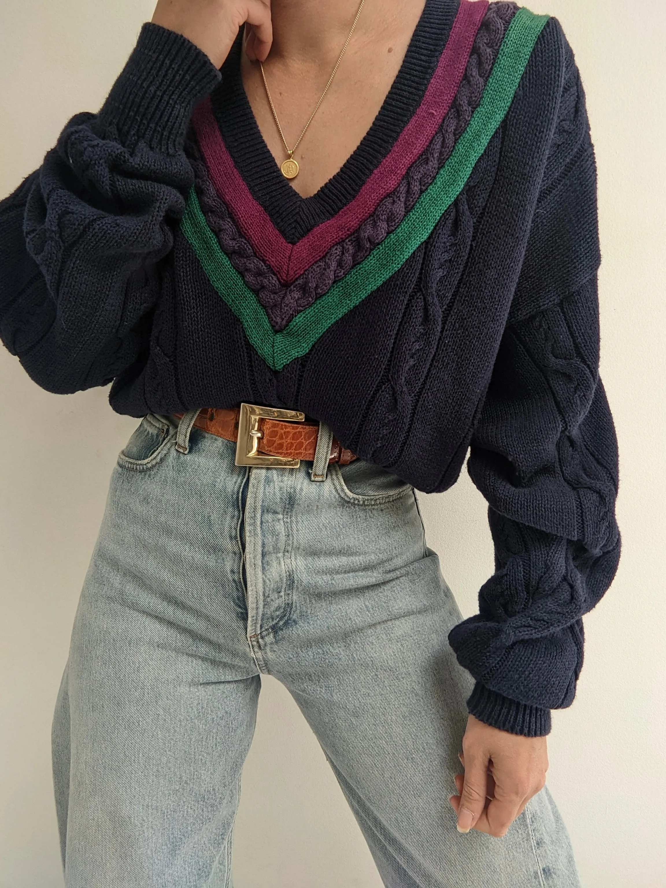 Vintage Navy Collegiate Knit Sweater