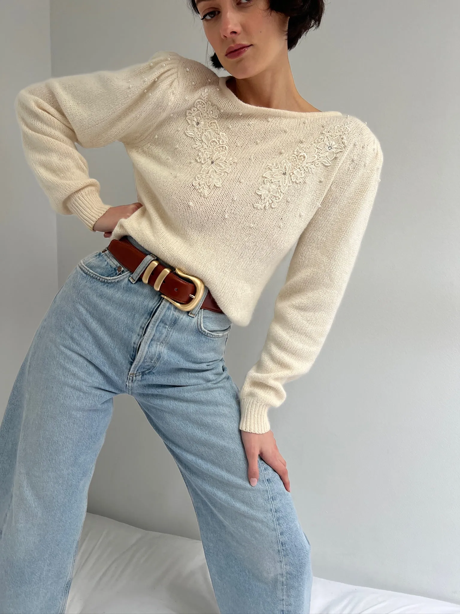 Vintage Silk Angora Embellished Sweater