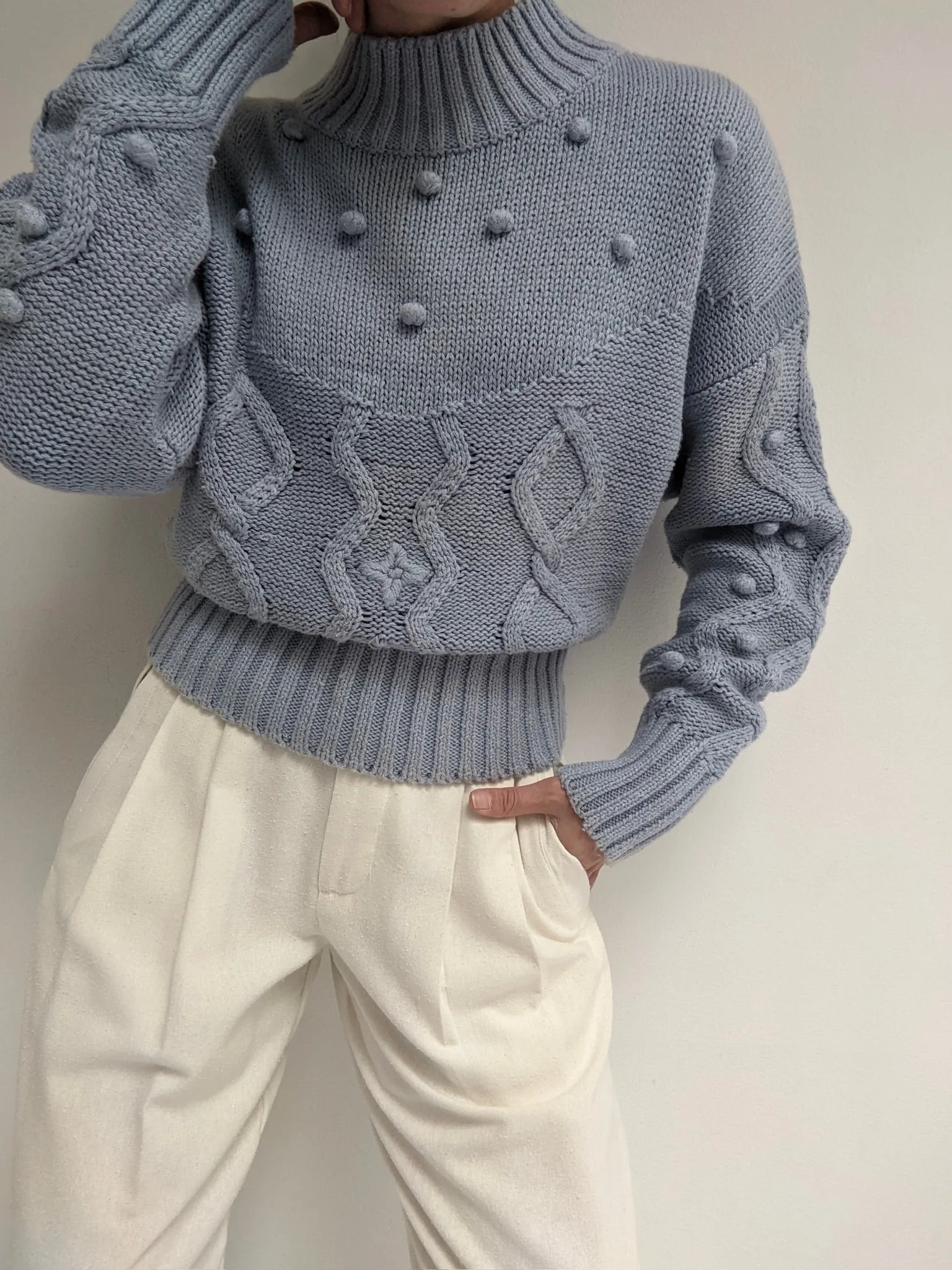 Vintage Sky Blue Pom Pom Knit