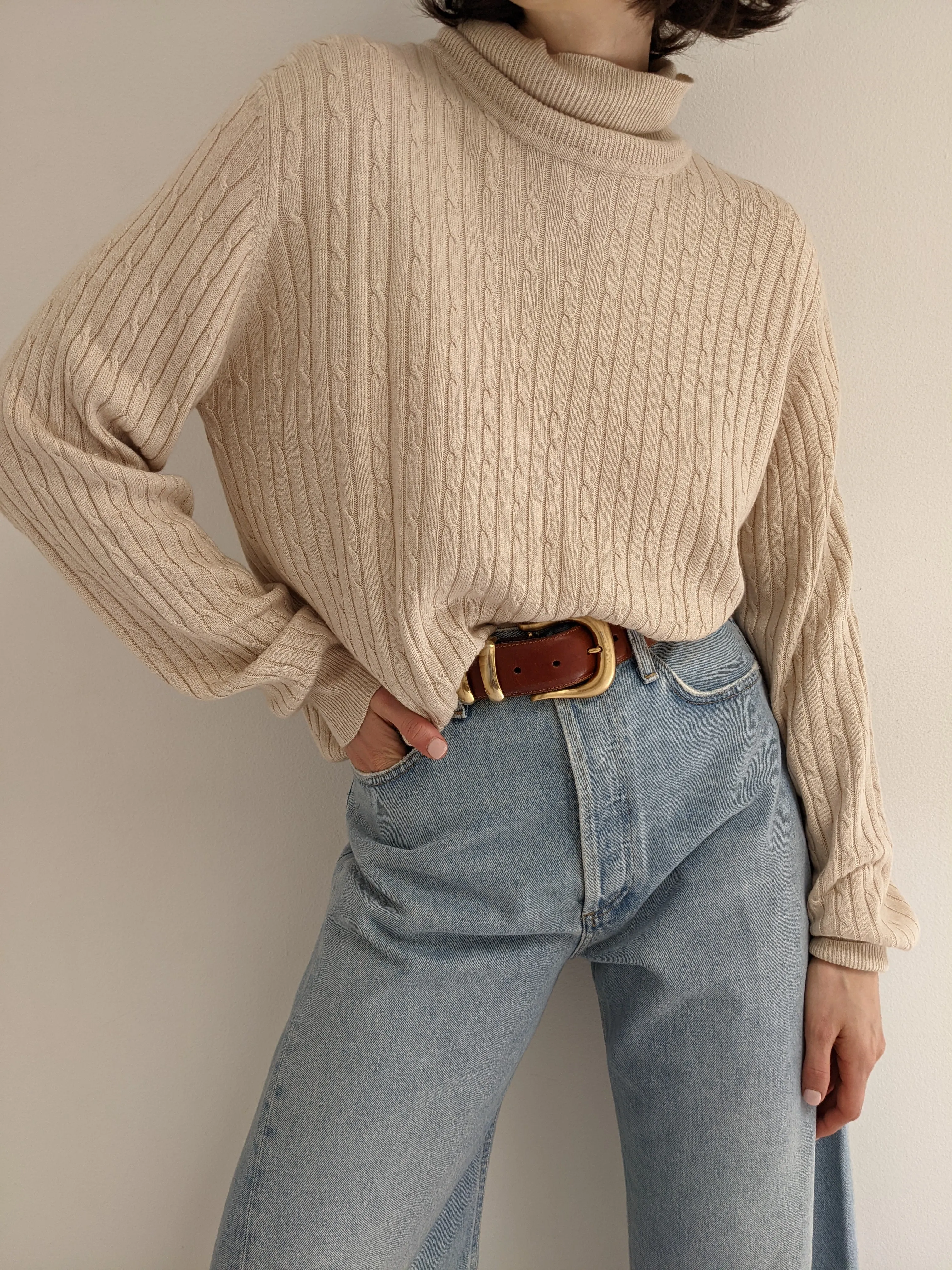 Vintage Wheat Silk & Cashmere Cable Knit Turtleneck